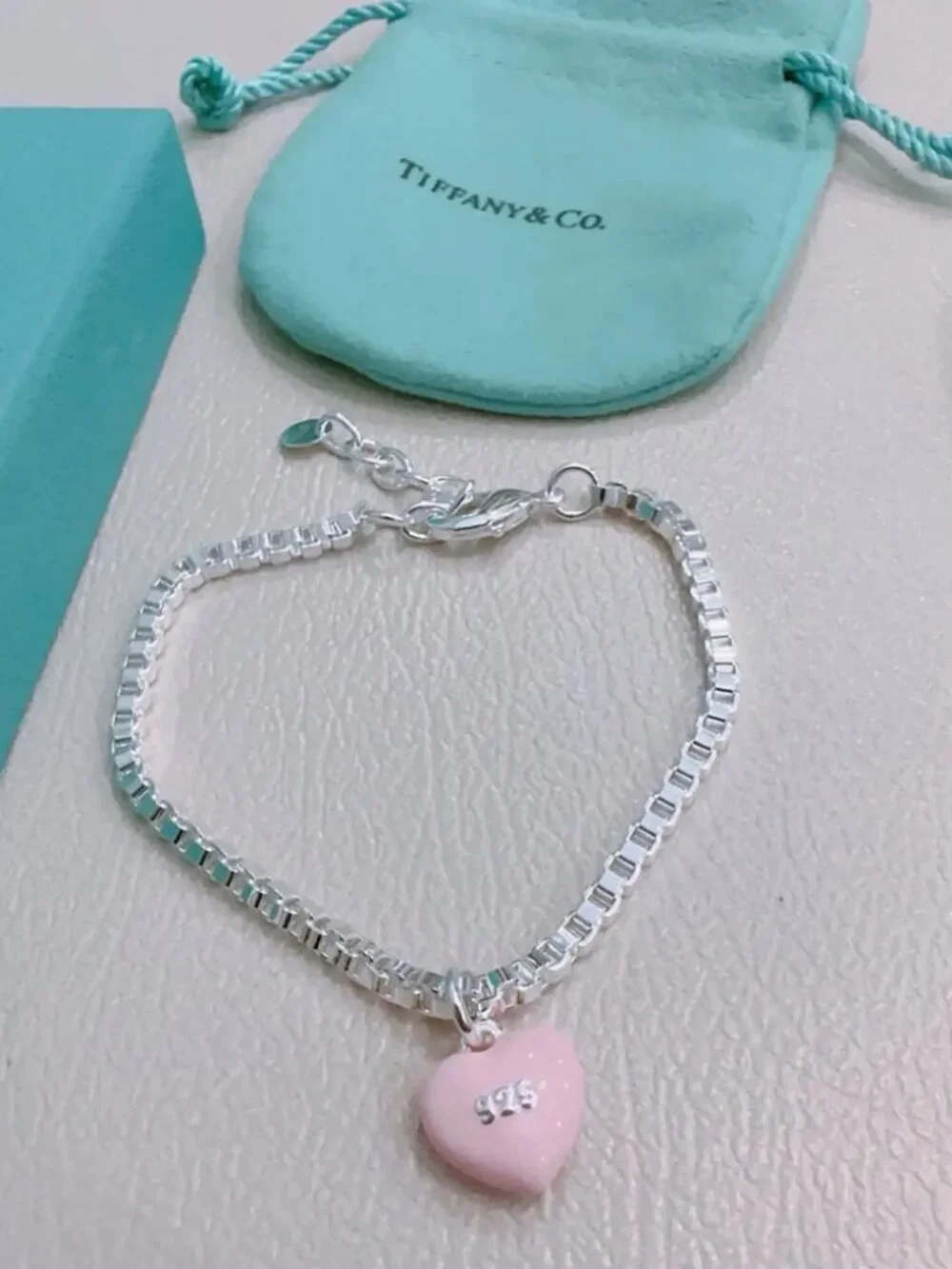Tiffany & Co. Fine Pink Heart Silver Bracelet